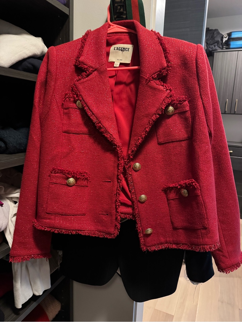 L'Agence Women's Tweed Frayed Pocket Jacket gold shimmer 8  deep red.